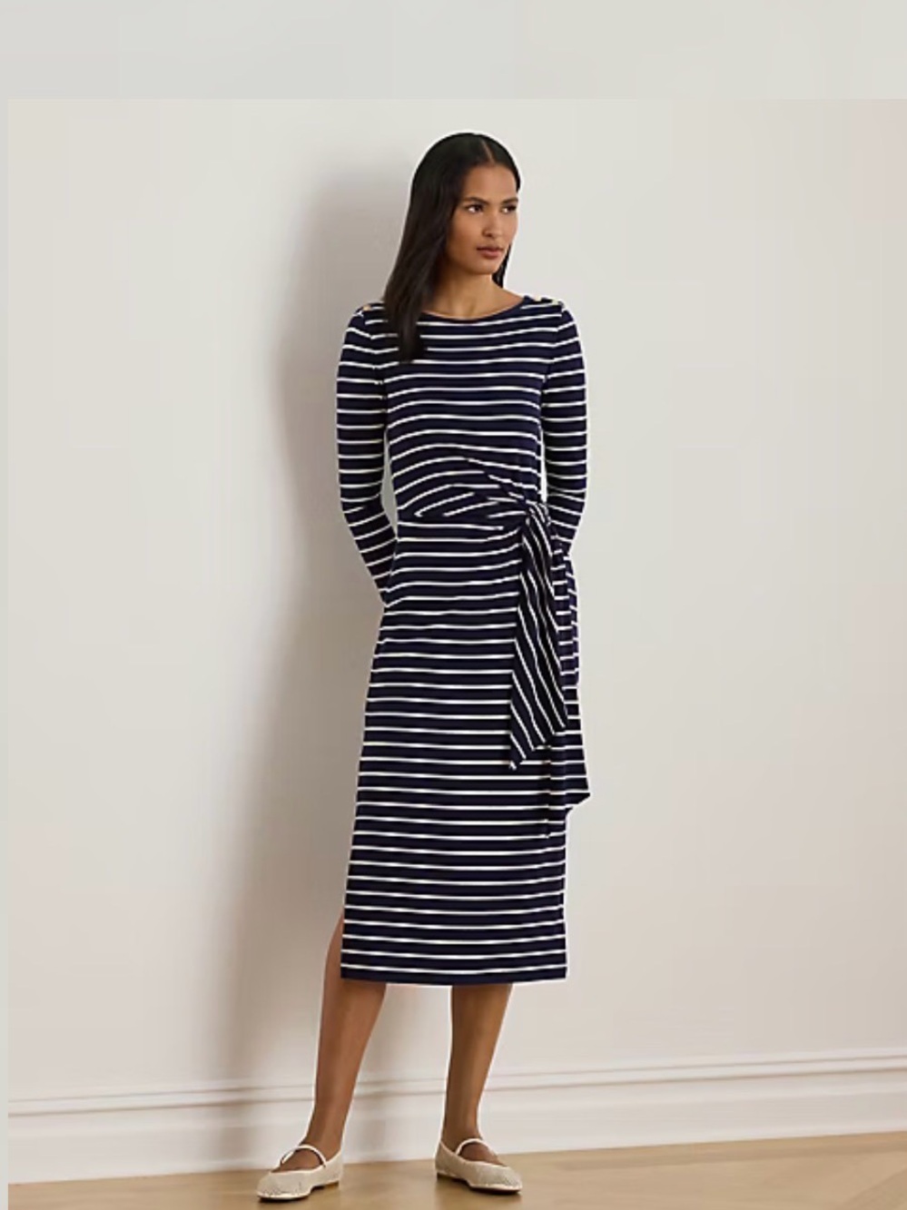 Ralph Lauren Striped Navy and White Knot-Side Long Sleeve Dress - Picture 6 of 6